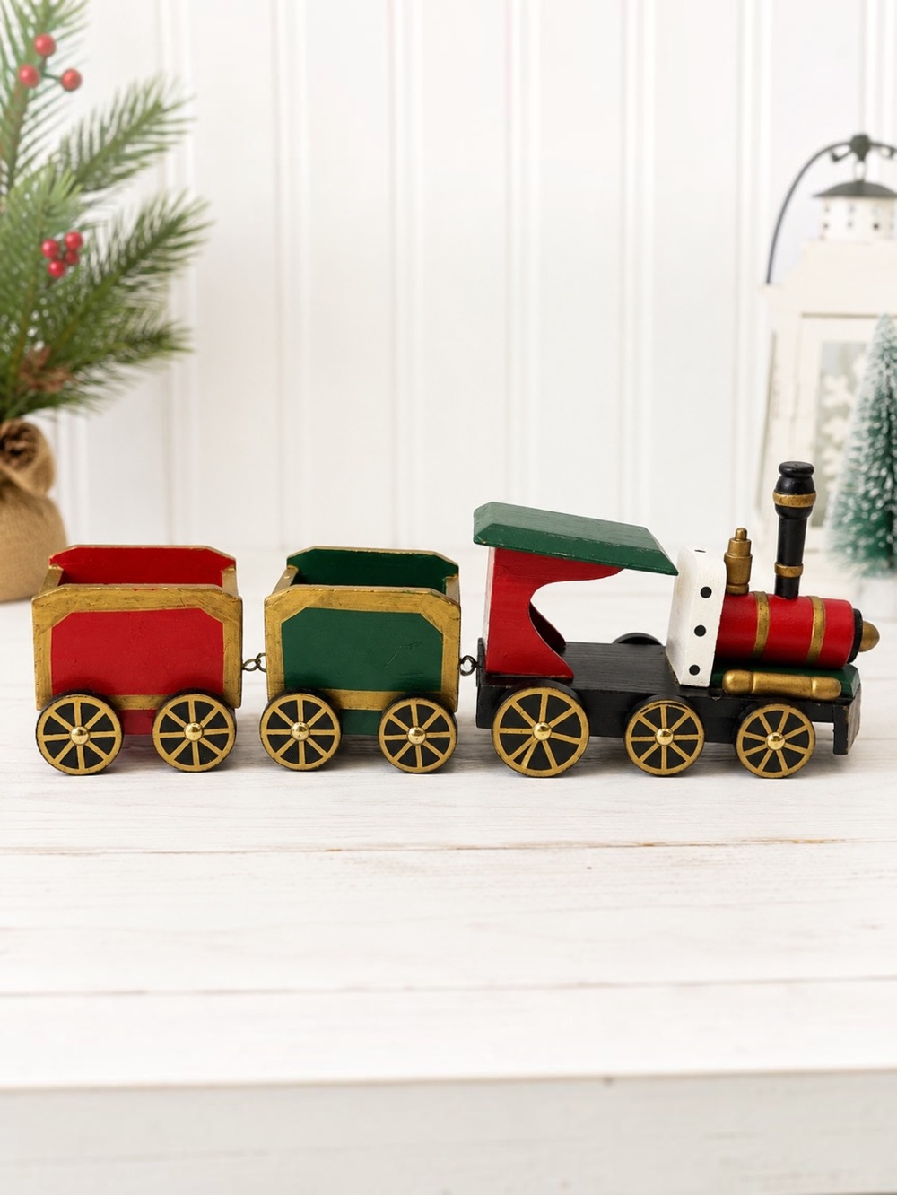 Vintage wooden train toy or Christmas decoration 16" long rolling wheels 3 piece